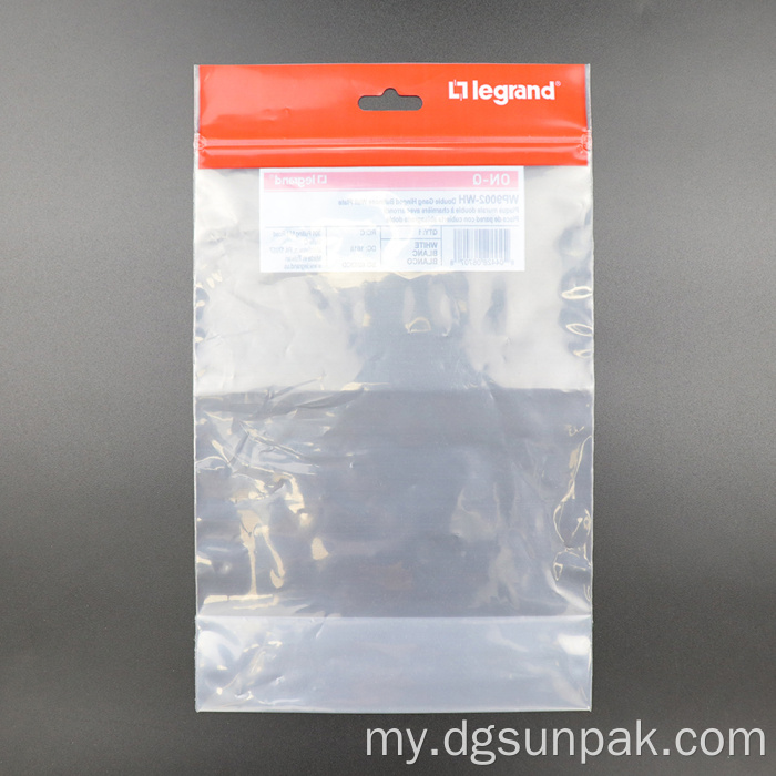 Clear Recyclable zip အိတ်များချိတ်ဆွဲထားသောချိတ်နှင့်ချိတ်ဆွဲထားသည်